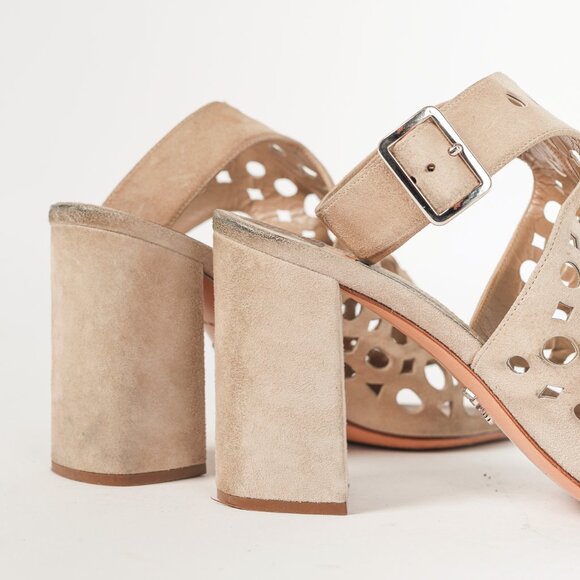 Prada Quarzo Suede Laser Cut Ankle-Strap Sandals - Picture 8 of 9